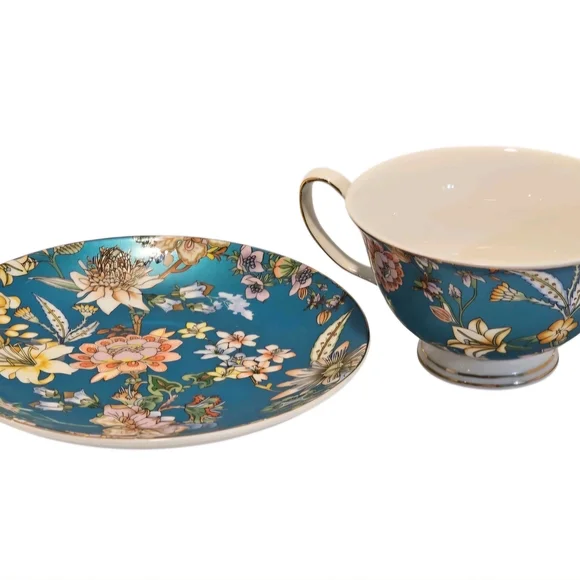 Peipocron British Floral Coffee/Tea Cup and Saucer Set With Gold Trim - 7 fl oz - Picture 3 of 9